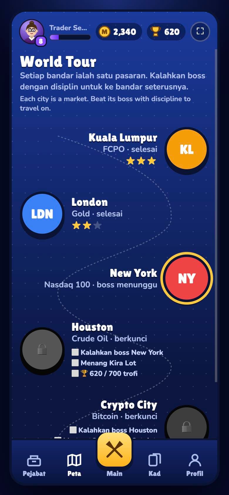 Peta bandar: Kuala Lumpur, London, New York, Houston, Crypto City